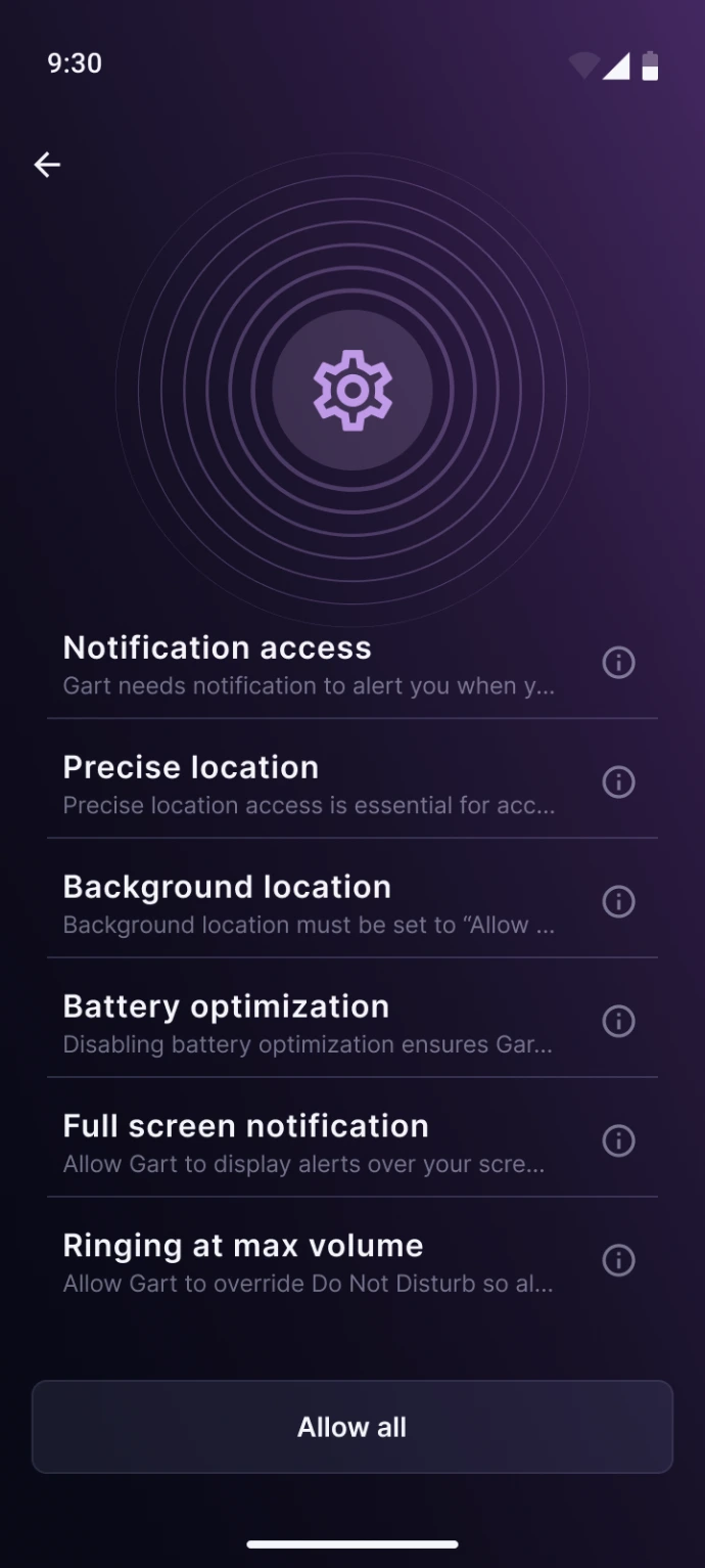 Permissions screen