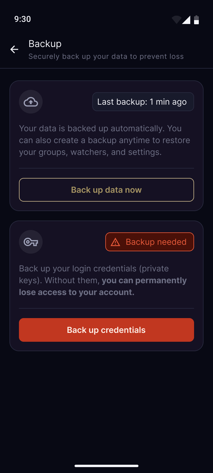 Settings backup page
