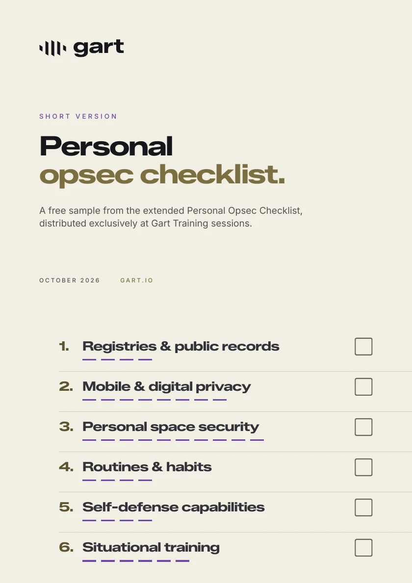 First page of the Gart Personal OpSec Checklist, short version