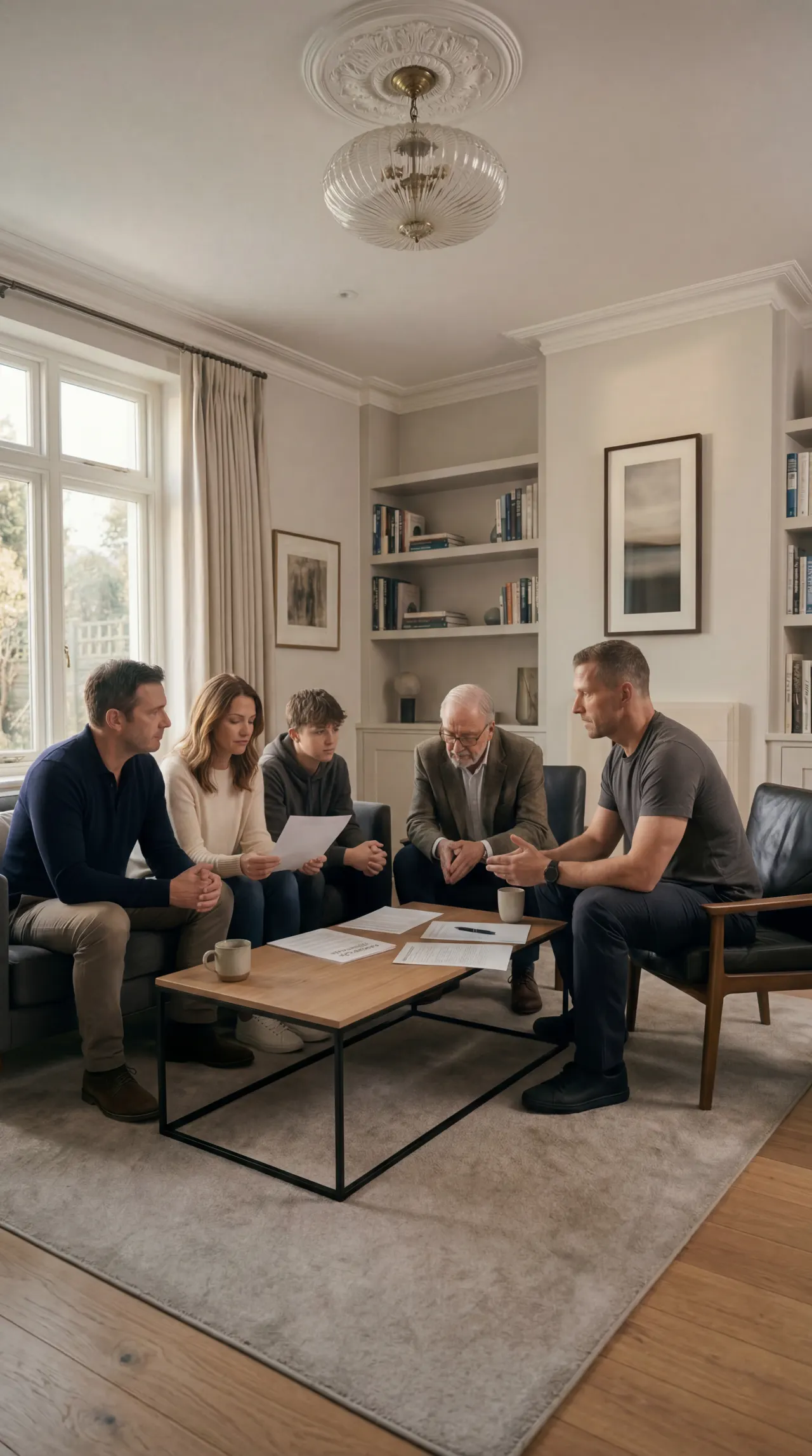 A Gart advisor at a living room table with a family, going through printed plans