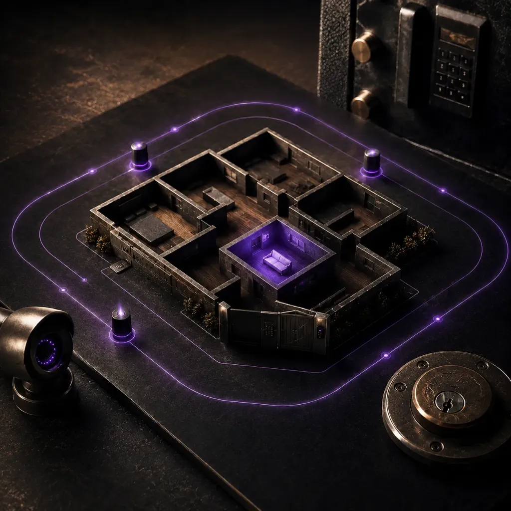 A model of a house plan on a dark desk, a purple ring of light around the walls and a safe room lit in the middle