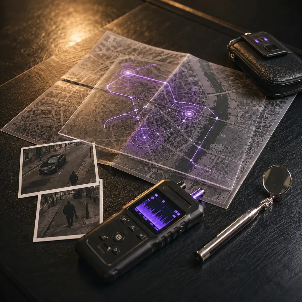 A city map marked with purple routes, two surveillance photographs, a radio scanner and a magnifier