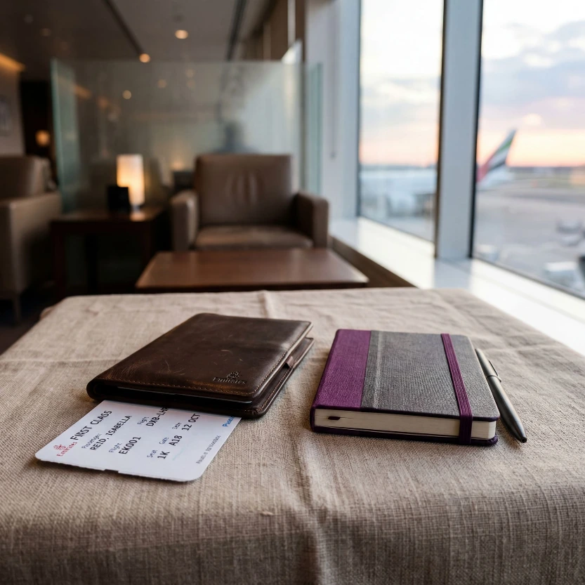 A passport wallet, a boarding pass and a notebook on a table in an airport lounge